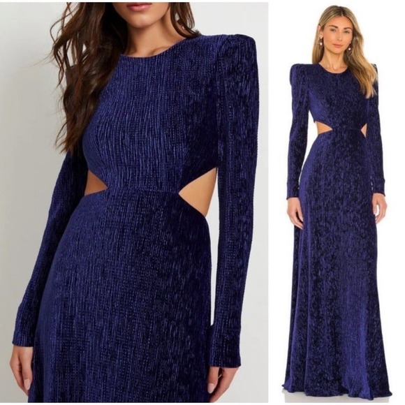 PatBO Textured Velvet Cutout Gown In Deep Purple Long Sleeve Gothic Size 0 - Picture 3 of 14